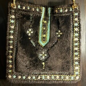 Tory Burch Embroidered Brown Sheepskin Shoulder Bag EUC